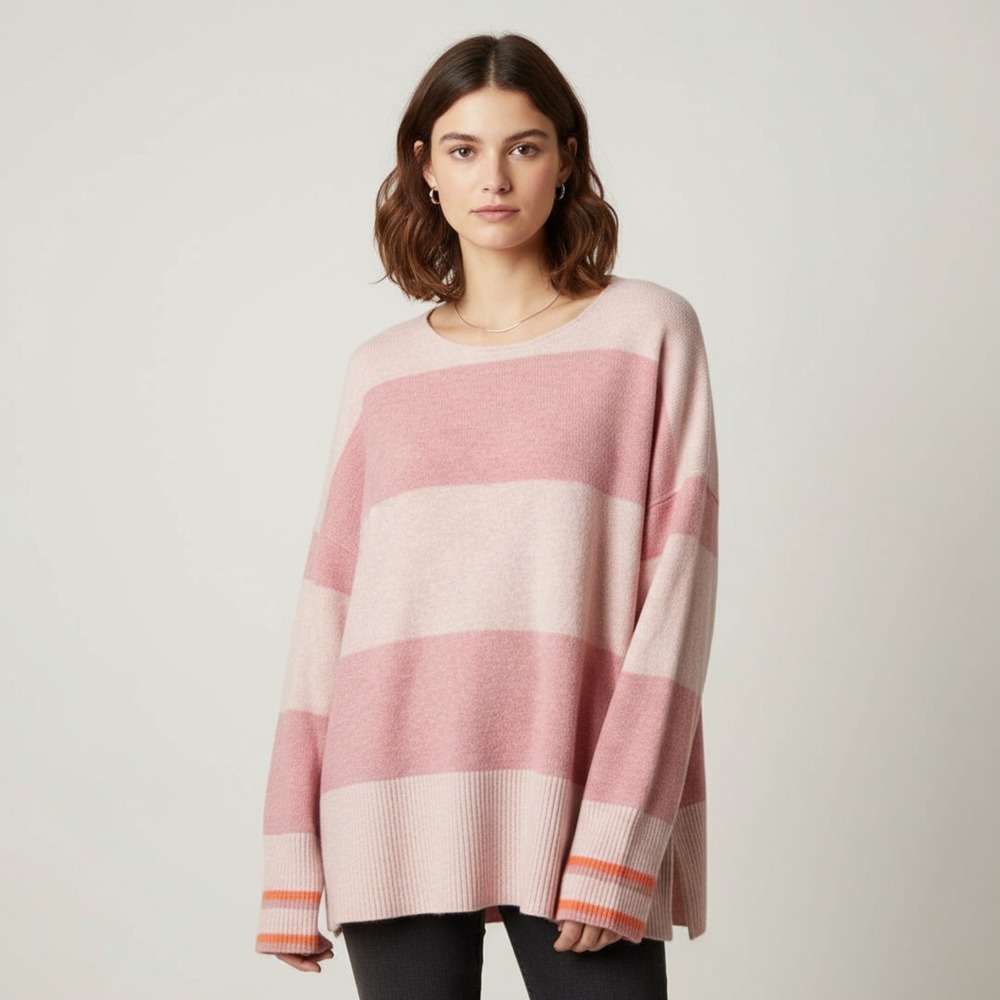 J Crew Striped Pink Merino Wool Alpaca Blend Tunic Sweater Womens L Preppy Confy